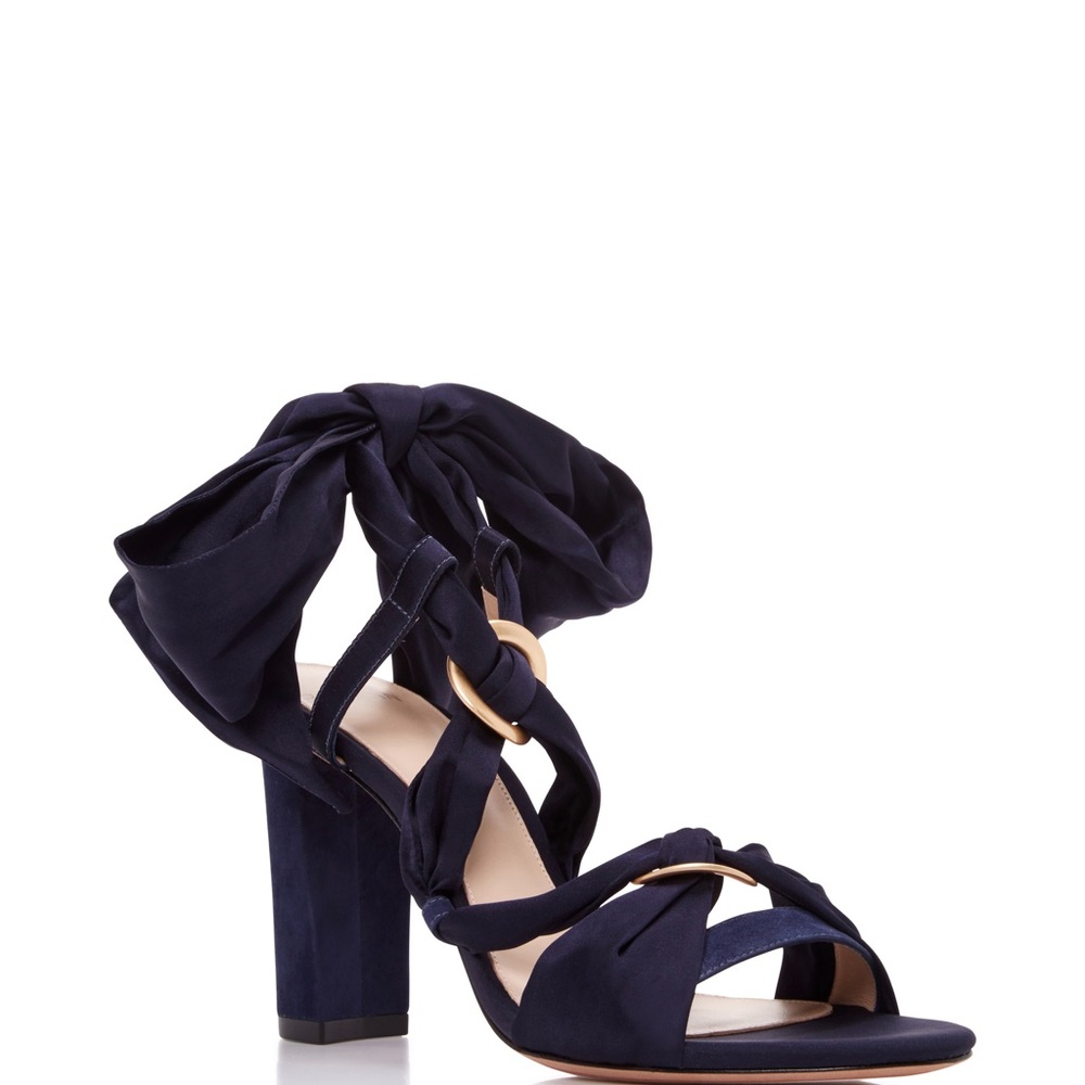 Alexandre birman ALESSA SILK & SUEDE ANKLE-WRAP SANDALS IN NAVY